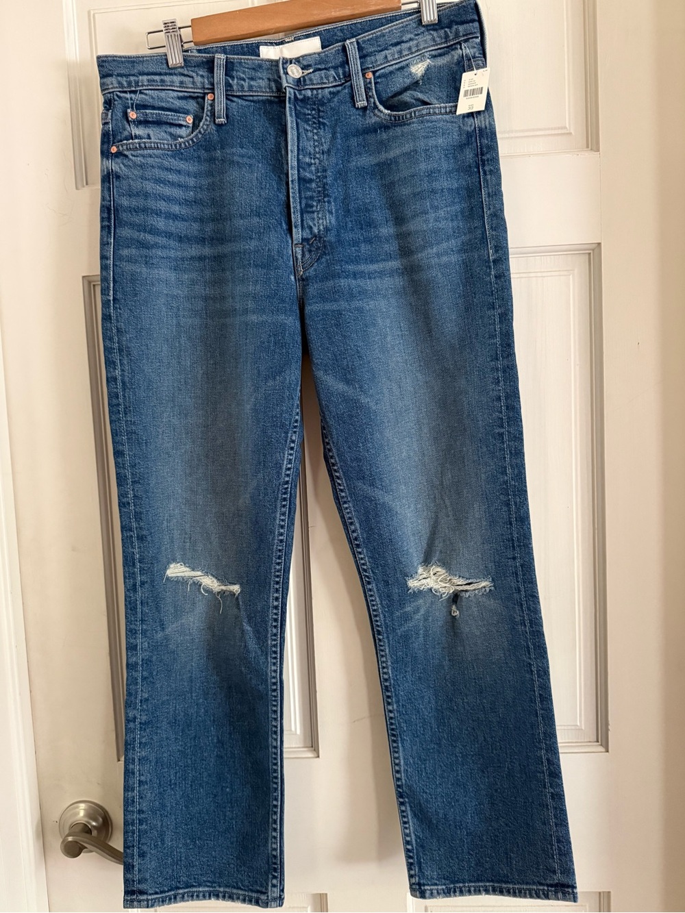 MOTHER Tomcat in Playing with Scissors Blue Distressed Straight-Leg Jeans